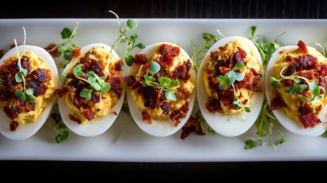 Deviled eggs topped with crispy bacon bits and microgreens styled overhead