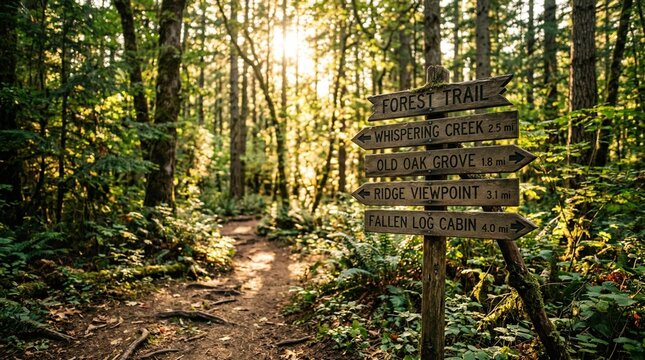 Forest trail signpost with directions to various scenic spots in a sunlit woodland.