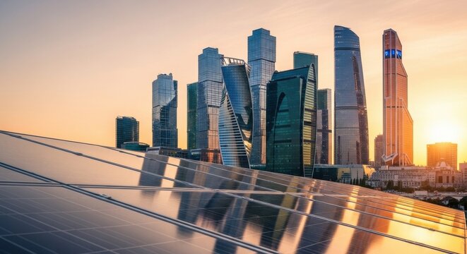 Solar panels in foreground reflecting warm sunset light with futuristic glass skyscrapers of modern financial district in background symbolizing green cities

