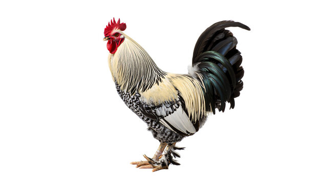 Majestic rooster standing proudly with vibrant plumage and upright tail feathers isolated on transparent background