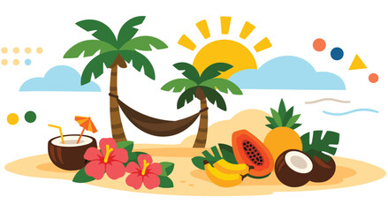 Obraz premium Vector illustration of tropical island beach with palm trees, hammock, hibiscus flowers, coconuts, papaya, pineapple, and bananas. Exotic vacation.
