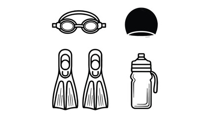 Swim Kit Essentials: A set of essential equipment, including goggles, a cap, flippers, and a water bottle, perfectly suited for a refreshing swim session. © Nadim