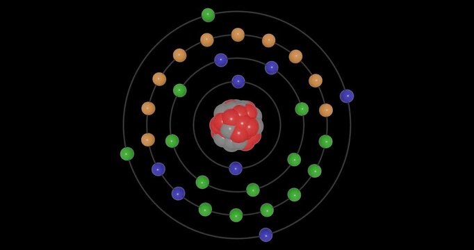 3D animation of Germanium (Ge) atom in the Bohr model with electron orbits, nucleus, protons and neutrons, energy levels in seamless loop on transparent background. Ideal for STEM education visuals