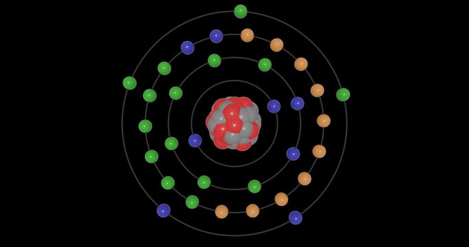 3D animation of an Arsenic (As) atom in the Bohr model with electron orbits, nucleus, protons and neutrons, energy levels in seamless loop on transparent background. Ideal for STEM education visuals