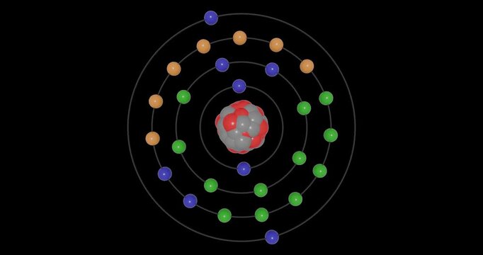 3D animation of a Cobalt (Co) atom in the Bohr model with electron orbits, nucleus, protons and neutrons, energy levels in seamless loop on transparent background. Ideal for STEM education visuals.