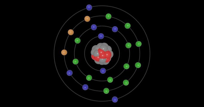 3D animation of Vanadium (V; Z=28) atom in the Bohr model with electron orbits, nucleus, protons and neutrons, energy levels in seamless loop on transparent background. Ideal for STEM education visual
