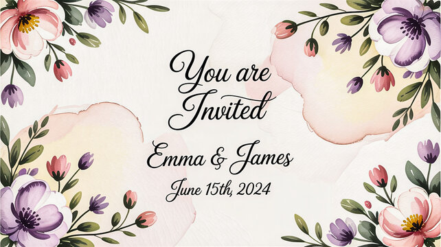 Wedding invitation card with floral design and couple names emma james on cream background