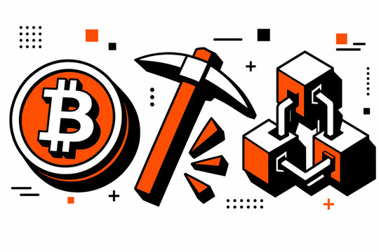 Abstract illustration of Bitcoin cryptocurrency mining and blockchain technology with a pickaxe and digital coin.