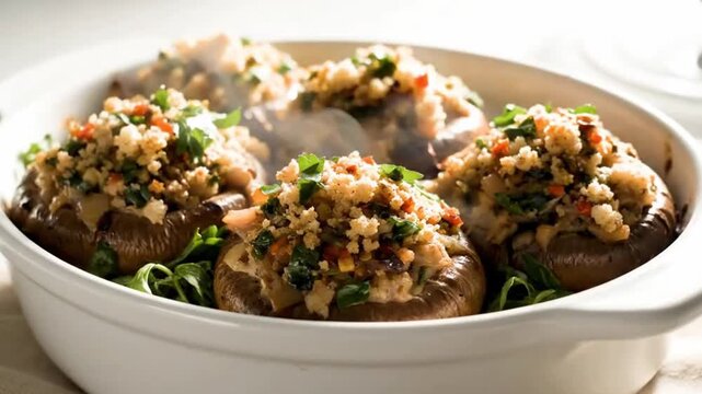 Stuffed mushrooms with herbs and breadcrumbs in baking dish