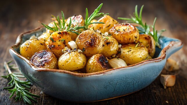 Roasted baby potatoes with rosemary and garlic served in a ceramic serving bowl with golden crisp edges