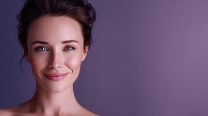 Fototapeta premium Portrait of a smiling woman with natural beauty against a soft purple background showcasing elegance and confidence