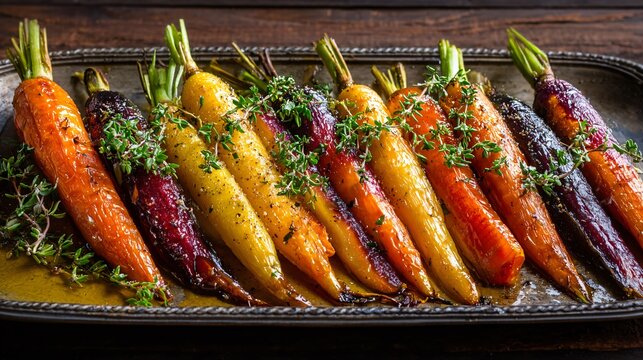 Roasted rainbow carrots glazed with honey and thyme arranged beautifully on a serving platter