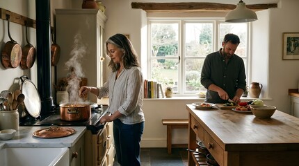 Fototapeta premium Woman cooking at stove while man prepares vegetables on wooden island with preparing, vegetables