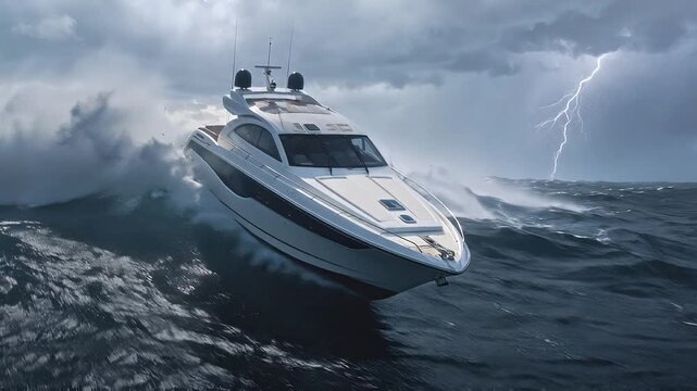 Powerful Yacht Navigating Through Stormy Seas with Dramatic Clouds.