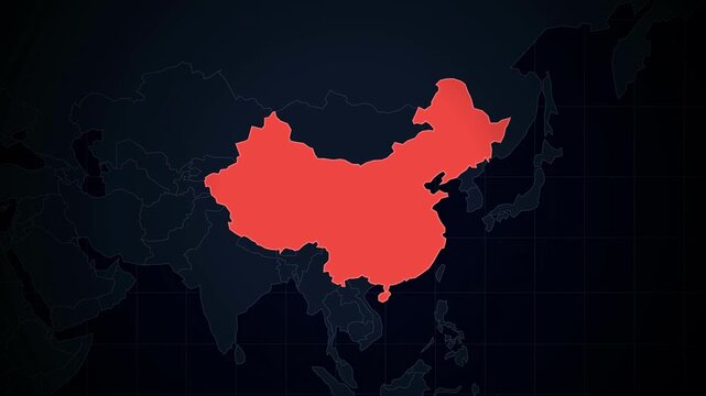 Red map of China against dark background in flat design style  