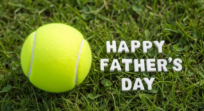 Happy father's day festive tennis ball greeting on lush green grass