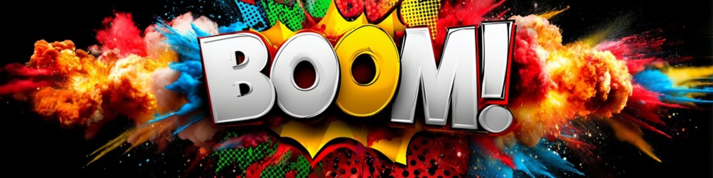 Bold, fiery letters spelling "BOOM!" explode with vibrant colors and dynamic energy. The dramatic design captures excitement, impact, and the thrill of explosive action.