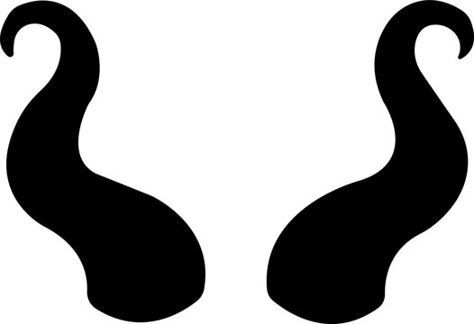 Set of black curved horns. Vector silhouette bull and demon horns for fantasy creatures, mascots, and design projects. Wavy black devil horn silhouette, tribal animal antler icon, demon and bull horn 