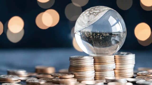 A glass ball rests on top of many coins while soft lights create a warm glow in the background at night