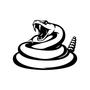 Dibujo minimalista con l&iacute;neas de una serpiente de cascabel enojada, con la boca abierta, ense&ntilde;ando los colmillos y la lengua b&iacute;fida