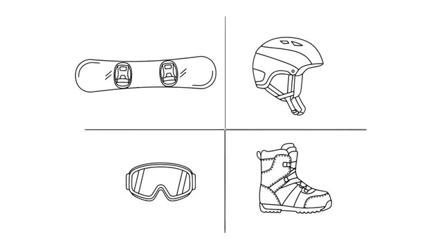 Snowboarding Gear: An illustration of snowboarding equipment, including a snowboard, helmet, goggles, and boot.