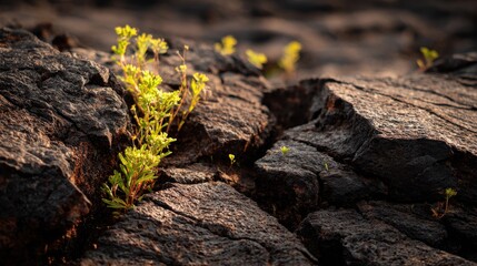 Fototapeta premium New life emerges from volcanic rock, symbolizing resilience hope in harsh environments. Tiny plants sprout from cracks in dark, rugged volcanic rock, bathed in warm sunlight, nature's persistence
