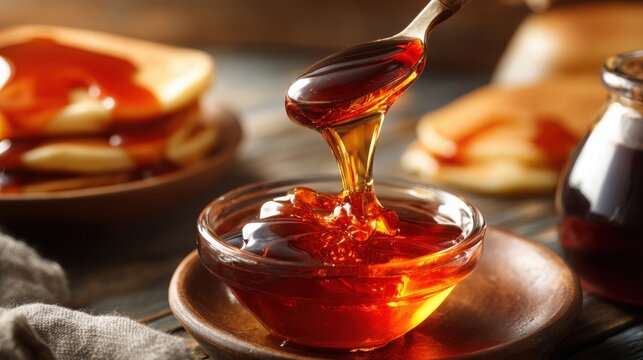 Thick, sticky maple syrup drizzling from a spoon into a glass bowl with pancakes in the background