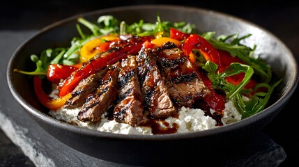 Fototapeta premium A high-protein cottage cheese bowl topped with grilled flank steak, roasted peppers, and arugula is arranged on a dark stone surface with dramatic contrast lighting