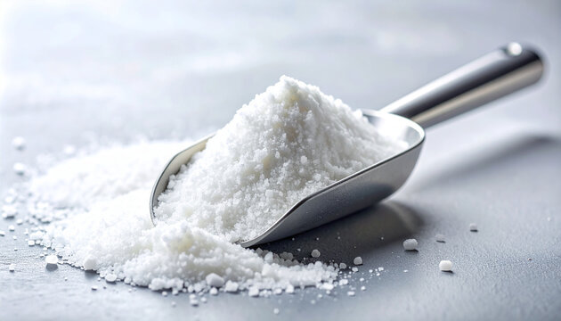 Metal laboratory scoop with white crystalline powder, hydrolyzed collagen, citric acid, or calcium carbonate.