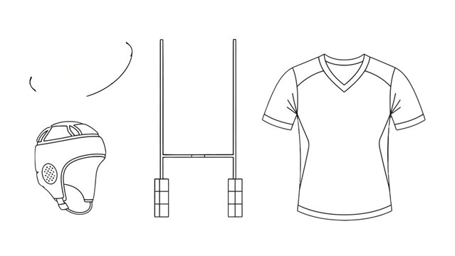 Rugby Essentials: Line art showcases the core elements of rugby. Featuring a protective helmet, goal post, and jersey, inviting viewers into the game.
