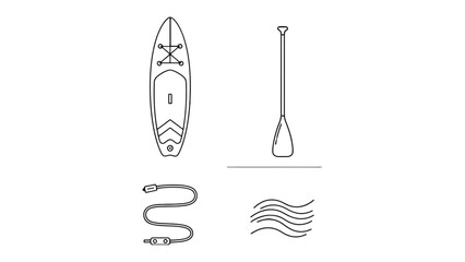 Obraz premium Stand Up Paddle Boarding Essentials: A sleek paddleboard, a paddle, a coiled leash, and stylized waves, these key elements define stand-up paddleboarding, inviting adventure on the water.