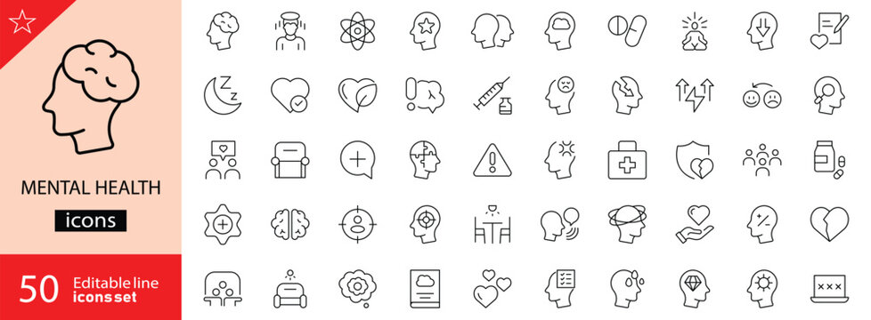 Mental health icons set. Containing depression, anxiety, stress, mental care, empathy, loneliness, bipolar, PTSD, psychology symbol, panic, mind disorder and more. Vector illustration.