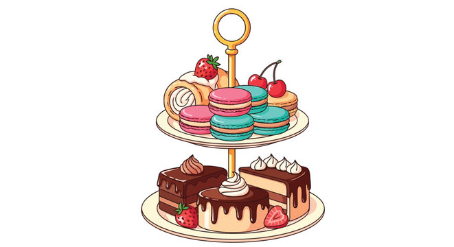 Colorful dessert stand with macarons, cakes, and fresh berries on two plates