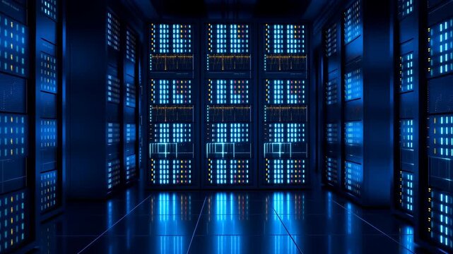 Server room with rows of blue illuminated server racks and data storage units featuring computer servers, technology, networking with internet and