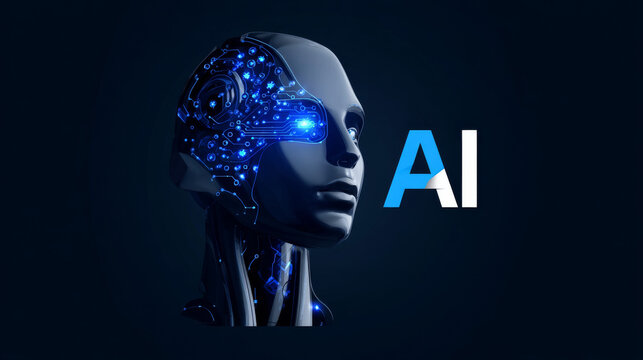 Artificial intelligence with friendly AI robot face chat support technology Analysis logo vector design concept. AI technology logotype symbol for advance technology, company, identity, ui, innovation