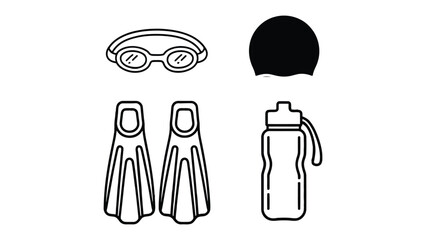 Swim Accessories Collection: Illustration of essential equipment for aquatic adventures, including goggles, a cap, flippers, and a water bottle, ready for a refreshing dip © Nadim