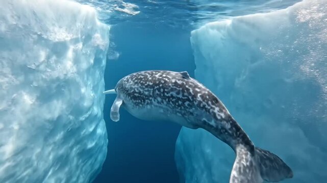 Narwhal Swimming Between Underwater Icebergs in Arctic Ocean