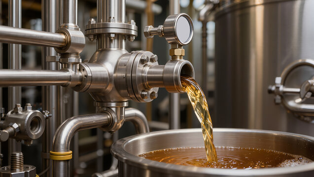 Industrial liquid filling process with golden fluid flowing from stainless steel tap on automated production line, concept of modern manufacturing, processing, and fluid handling
