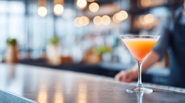 Cocktail glass filled with a vibrant orange drink placed on a polished bar counter inside a modern cocktail bar with blurred background lights and greenery visible in the setting