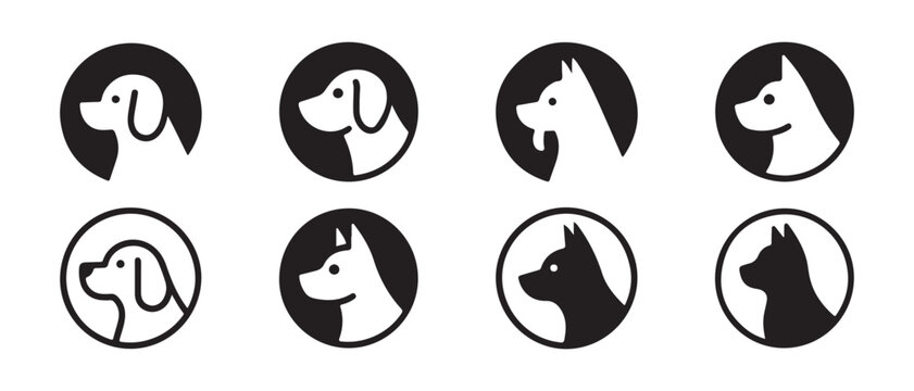 Minimalist dog head icons. and pet profile symbols in circular frames on a white background.
