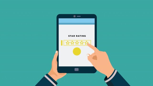 Animation Hand gives five star rating on tablet screen, customer review, shopping experience business survey conceptual 2d animation video given 5 stars as a sign of satisfaction.on tablet screen, cus