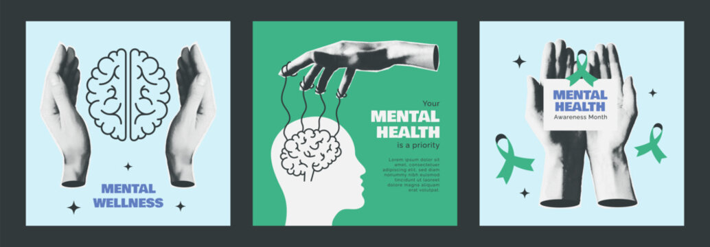 Mental Health, wellness posters template set. Psychological disorder awareness month collage halftone covers. Paper cutout Head, hand, brain. Emotional Wellness and Mindfulness. Vector illustrations