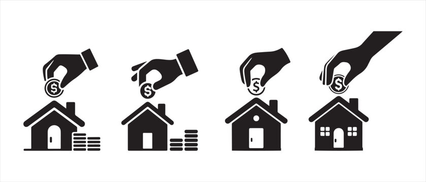 Saving money for a house. Sequence of icons showing coins being deposited into houses.