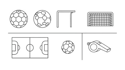 Soccer Essentials: An array of key soccer elements arranged neatly, including balls, goals, field, and whistle, providing a comprehensive overview of the sport. © hafs121