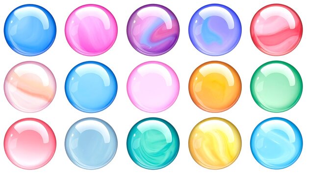 A collection of 15 shiny colorful bubbles arranged in three rows