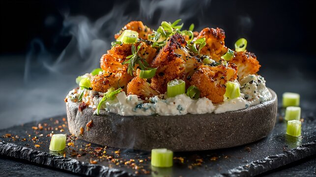 A spicy cottage cheese bowl topped with chipotle chicken strips and fresh cilantro is presented on a textured slate slab with bold directional illumination