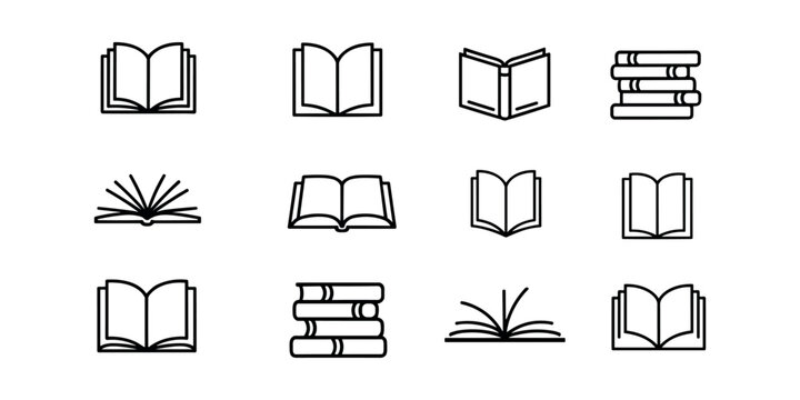 Collection of black line depicting open and closed books in various perspectives open book stack of books in white background.