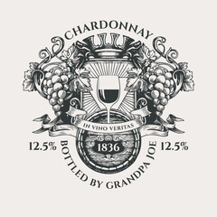 Naklejka premium Ornate vector wine label with coat of arms with a glass of wine, bunches of grapes, a crown, wooden barrel, ribbons and the words In vino veritas. Hand-drawn black-white illustration in vintage style