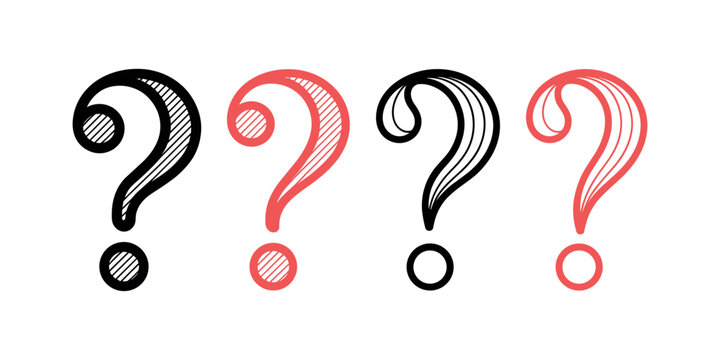 Four question marks in black and red with diagonal hatching interrogation points query symbols