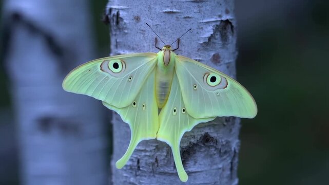 Moth luna large with green wings and eye spots on birch tree bark in forest featuring insect, wildlife, nature with animal and bug elements for